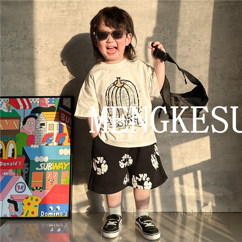 Boys pumpkin letter printed T-shirt 2024 fashion children stripe sports shorts summer kids loose cotton casual clothing Z7237