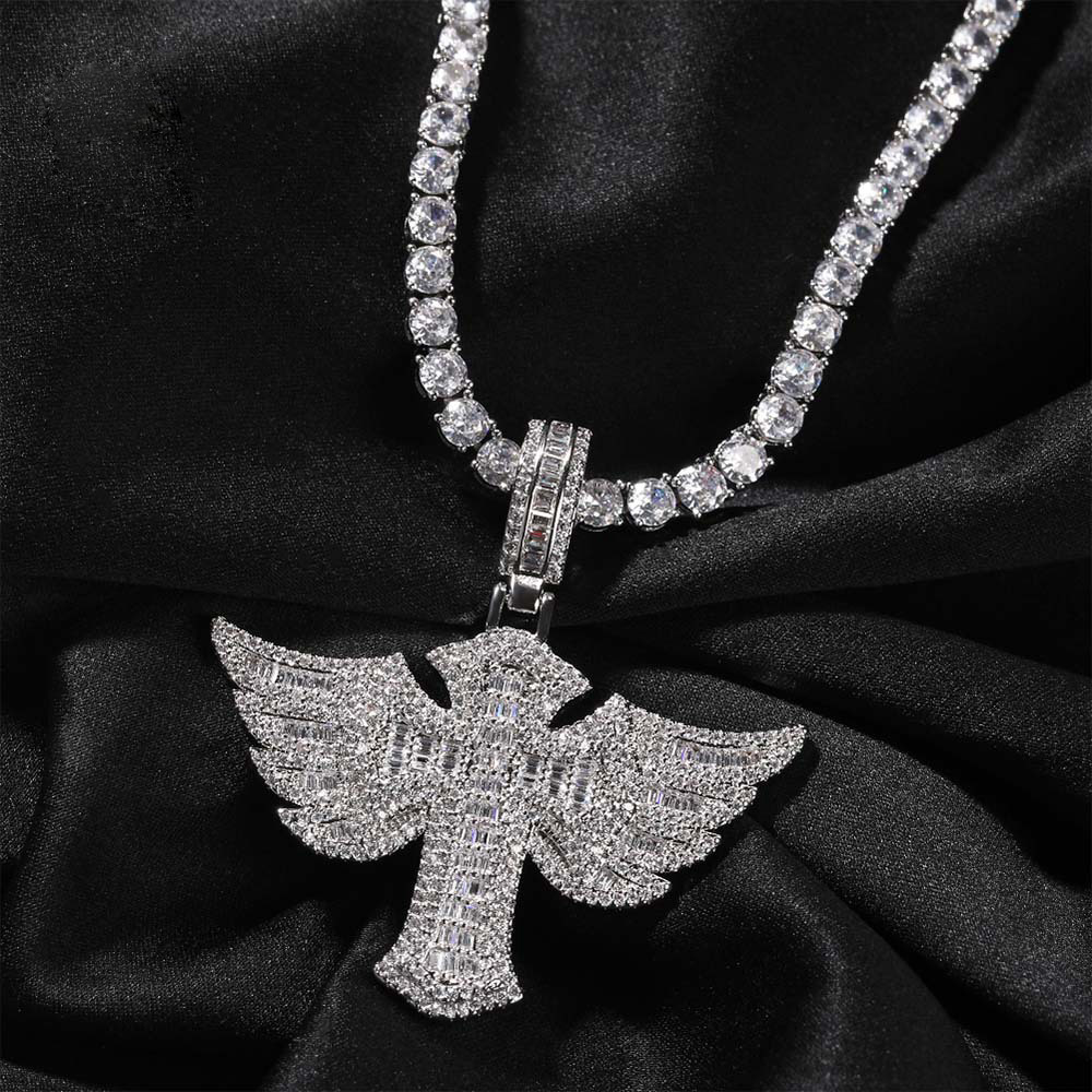 Hip Hop Angel Wings Cross Pattern Pendants Necklace 5A Zircon Religious Jewelrys