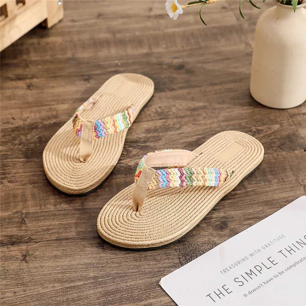 Slippers Summer Faux Grass Woven Women Sandals Fashion Flat Shoes Beach Casual Flip Flops Slide Zapatos Mujer H240325