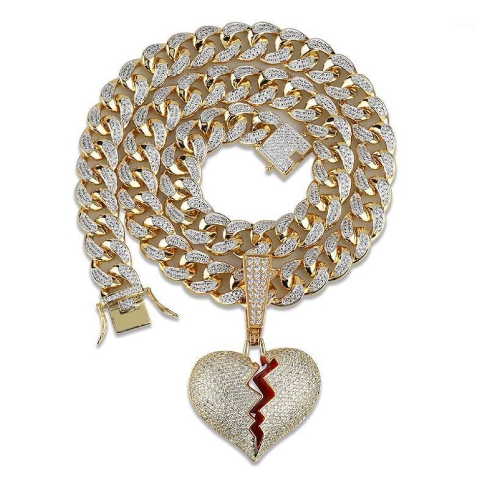 Iced Out Heart Necklace & Pendant With 14mm Width Big Cuban Chain Gold Silver Color Cubic Zircon Men's Women Hip hop Jewelry1292S