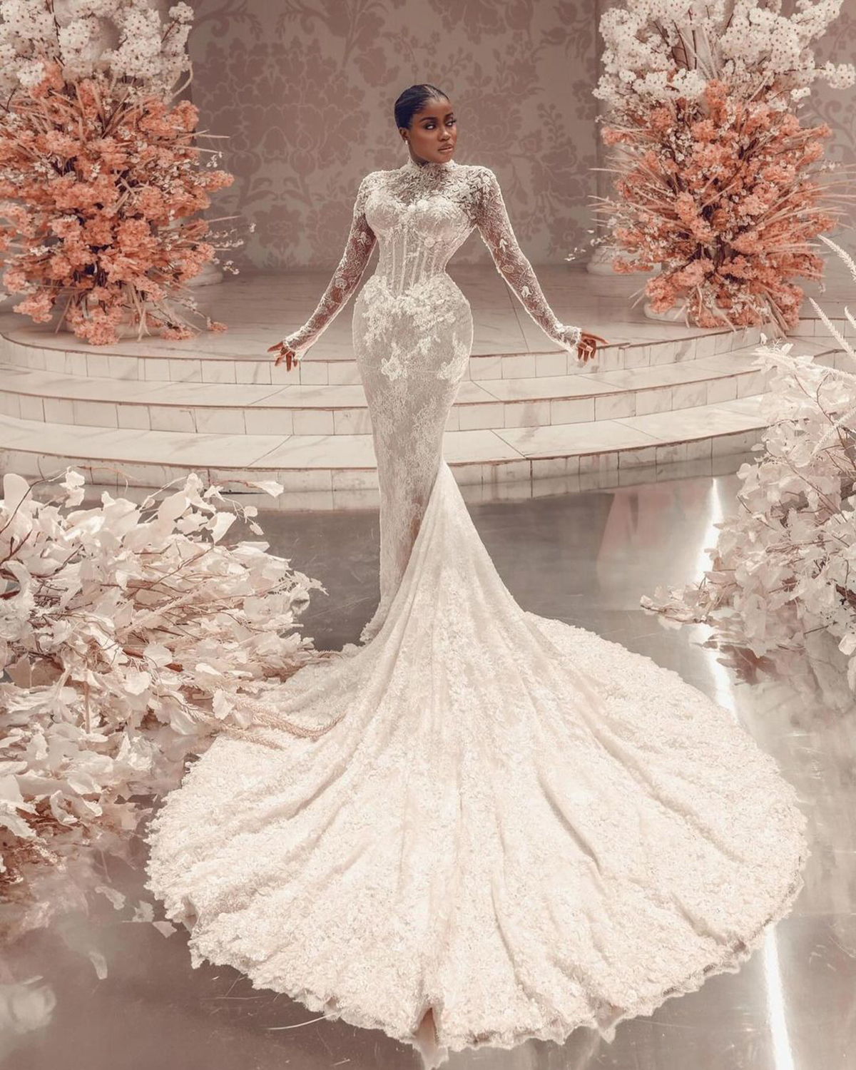 Luxury Mermaid Wedding Dress High Neck Long Sleeves Bridal Gowns Lace Sweep Train Dresses Custom Made vestidos de novia