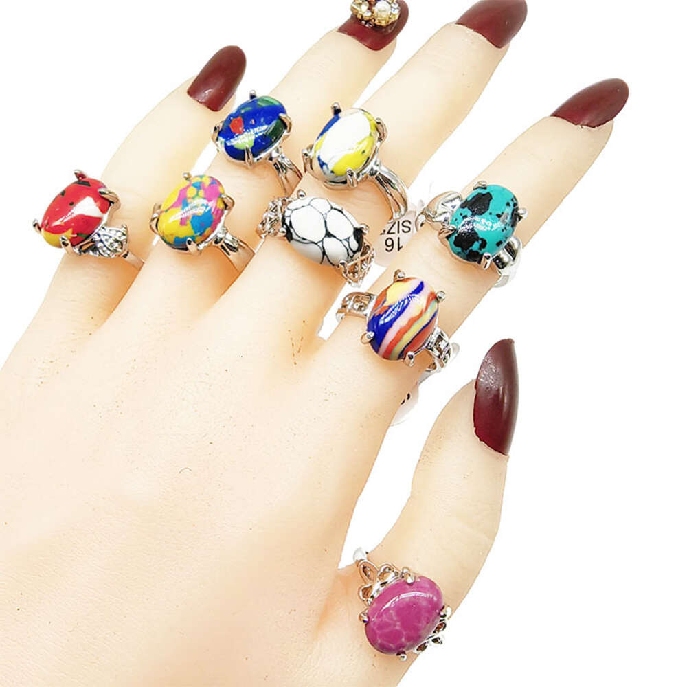 Wholesale Colorful Oval Natural Stone Finger Rings for Women Bohemia Mix Style Sier Color Hollow Alloy Metal Jewelry