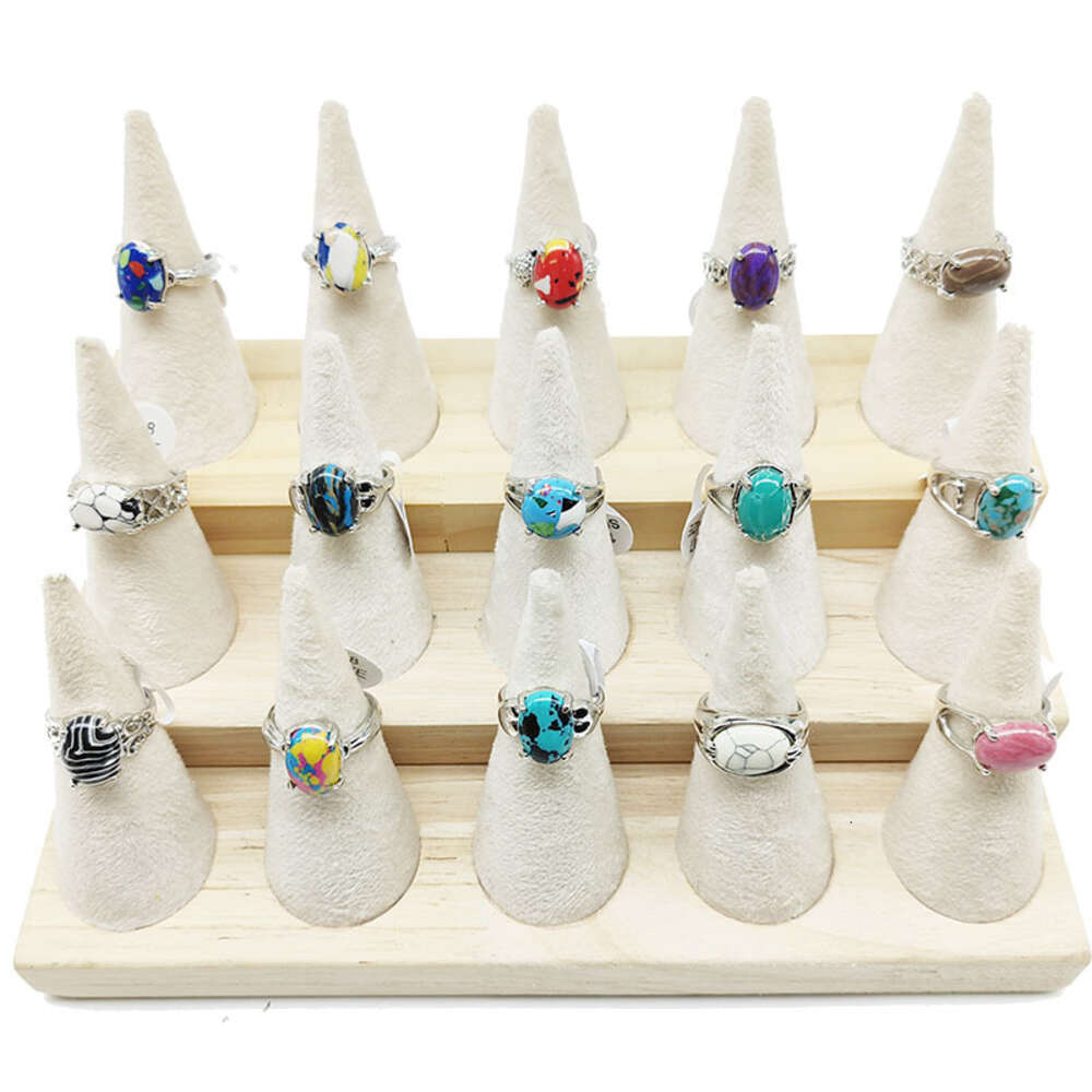 Wholesale Colorful Oval Natural Stone Finger Rings for Women Bohemia Mix Style Sier Color Hollow Alloy Metal Jewelry