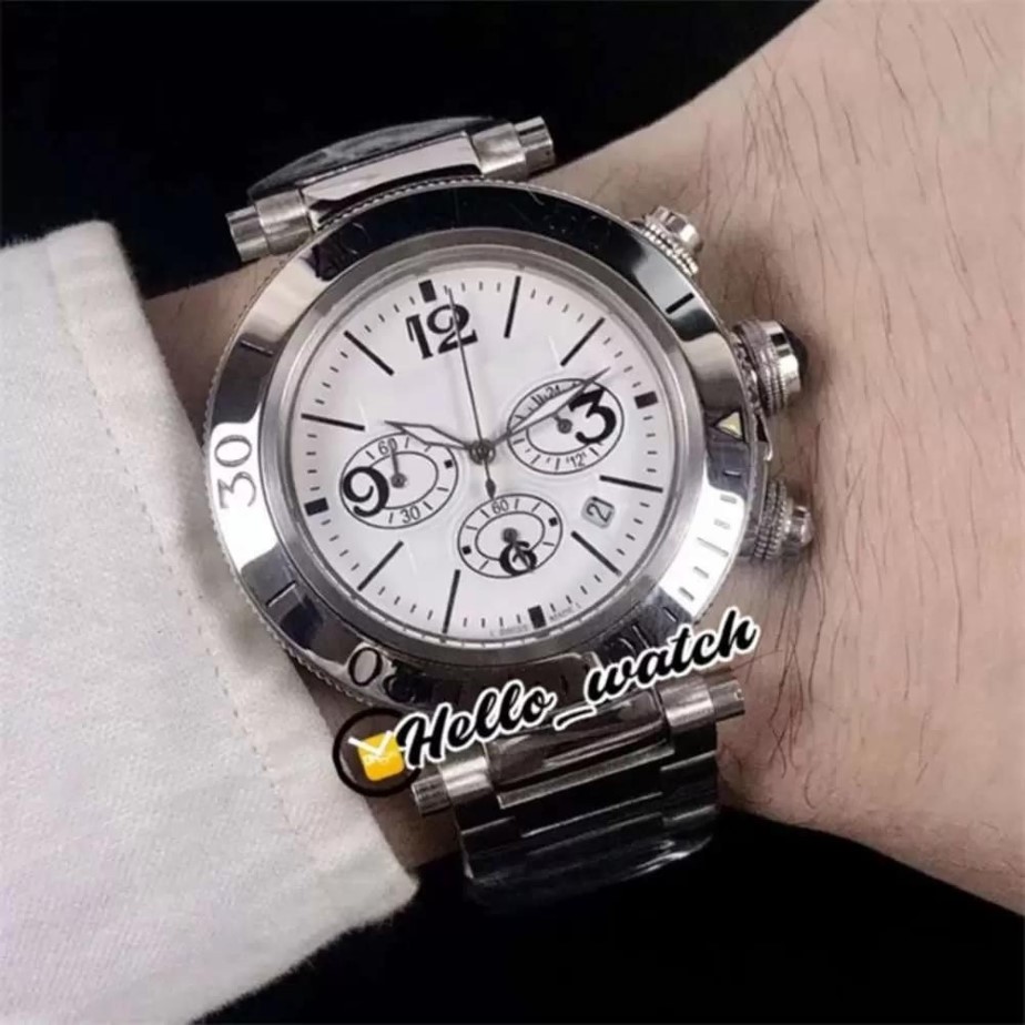 35MM Pasha De W31089M7 Relojes Dial blanco Miyota Cuarzo Cronógrafo Reloj para hombre Cronómetro Pulsera de acero inoxidable HWCR Hola Watch334t