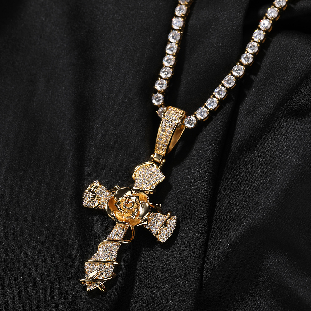 Hip Hop Rose Flower Classic Cross Pendant Halsband tröja kedja 5A Zirkon Mens religionsmycken