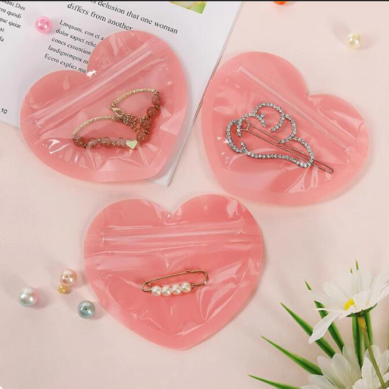 Heart Zip Lock Bags Plastic Red/Pink Love Heart Clear Flat Zipper Sealing Bags Valentine's Day Candy Jewelry Gifts Pouches