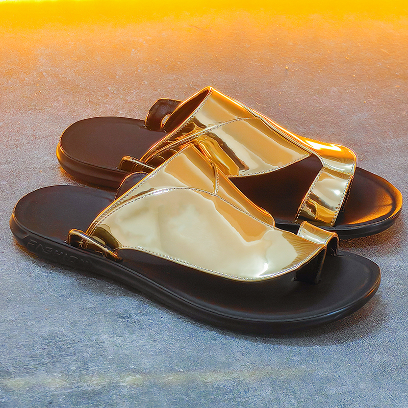 Gladiateurs d'été en cuir PU doré pour hommes, chaussures décontractées, sandales de plage respirantes, pantoufles d'extérieur, noir et blanc, grande taille