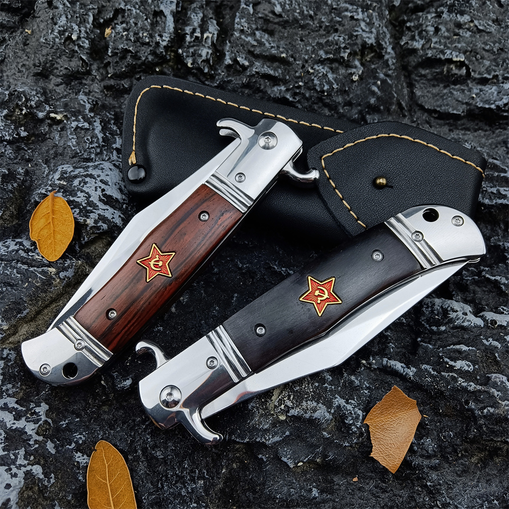 440C Blade Stainless Steel-Sandalwood Handle Edc Pocket Camping Survival Hand Multi-tool Automatic Knife with PU Sheath