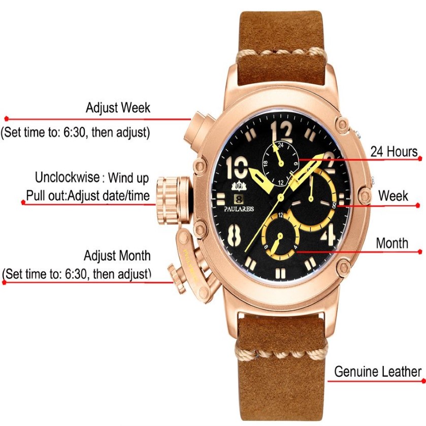 Hommes Automatique Auto Vent Mécanique Véritable Cuir Marron Multifonction Date Bateau Mois Lumineux Limité Or Rose Bronze U Montre L268B