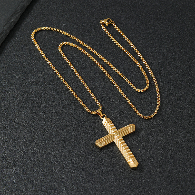 Vintage Stainless Steel Gold Plating Mens Three-dimensional Striped Cross Necklace