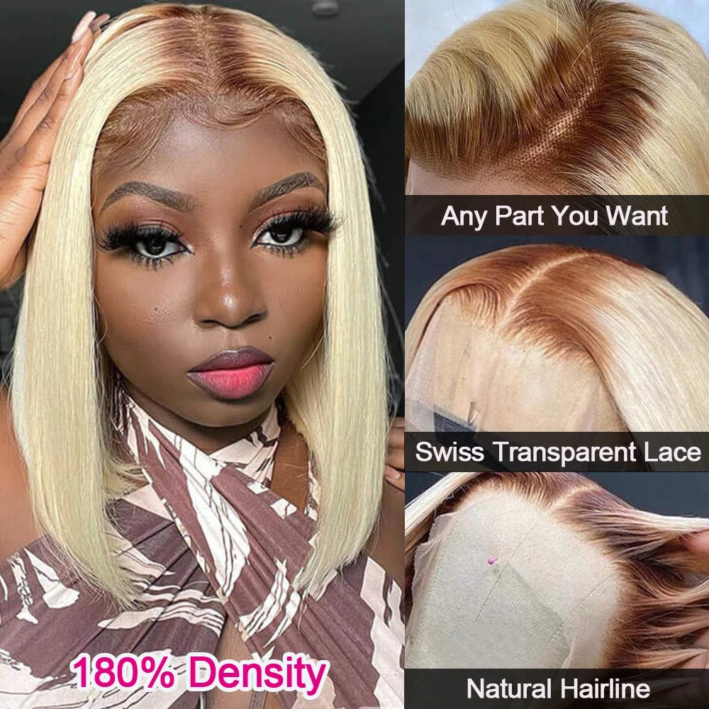 Omber Honey Blonde Short Bob Wig 180% Density T4/613 Straight Bob Wig Brazilain Remy 13x4 Transparent spetsar främre mänskliga hår peruker