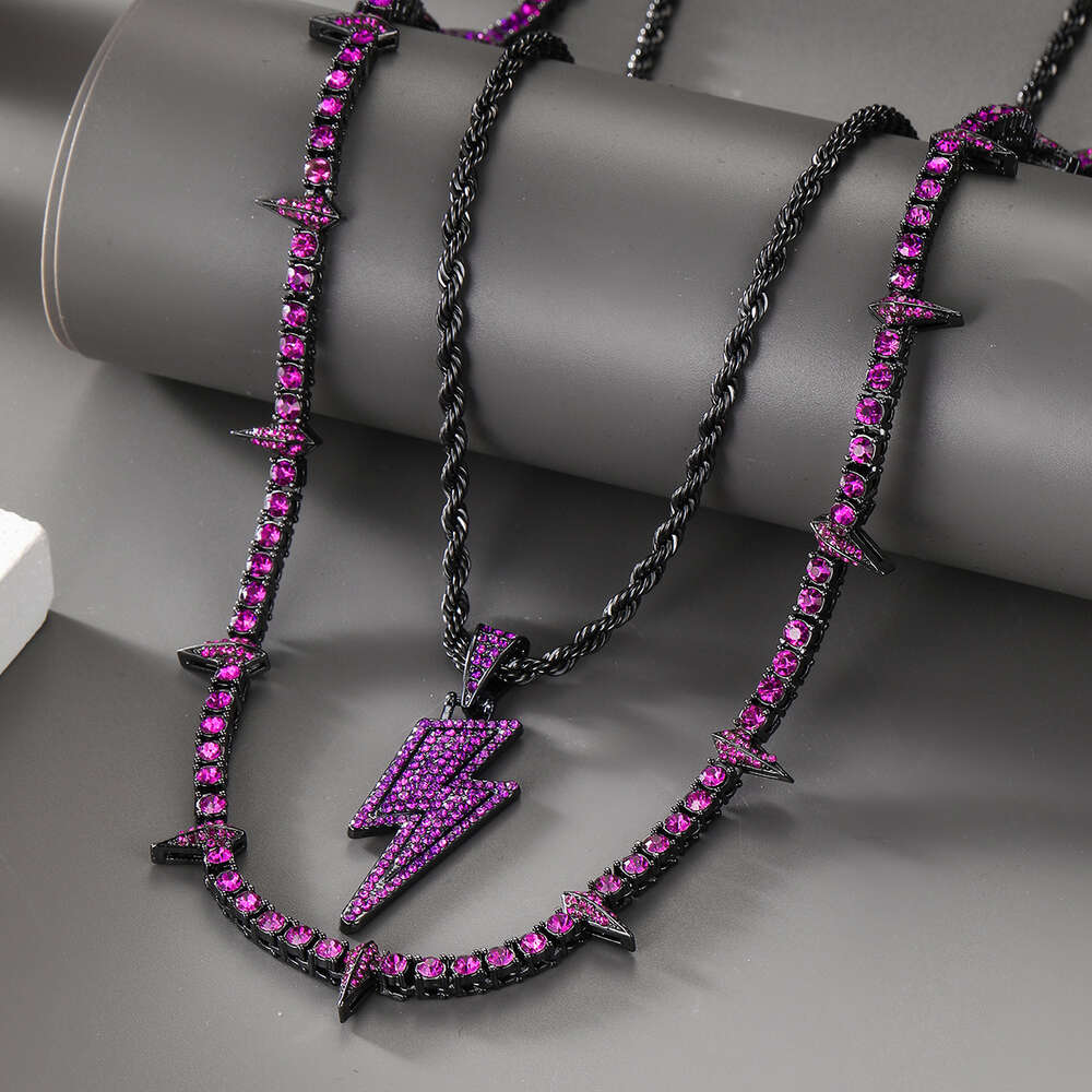 ULJ Hip Hop éclairage pendentif violet foncé glacé CZ chaîne de Tennis collier noir panthère Rock Rivet hommes bijoux