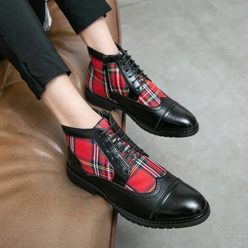 Plaid Ankle Boots for Men Zip Round Toe Fashion Handmade Ethnic Pu Botines Hombre Shoes for Men with