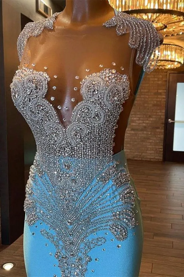 Light Blue Mermaid Prom Dresses 2024 Sheer Cap Sleeves Beaded Rhinestones Women Pageant Dresses Backless Long Party Evening Gowns BC16254 0229