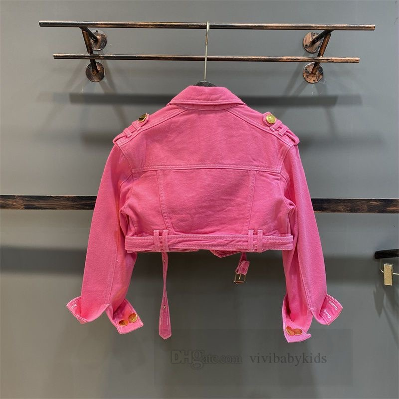 Grote meisjes rose rood denim jasje oude kinderen revers metalen gesp korte cowboy uitloper 2024 lente tieners casual kleding Z7246