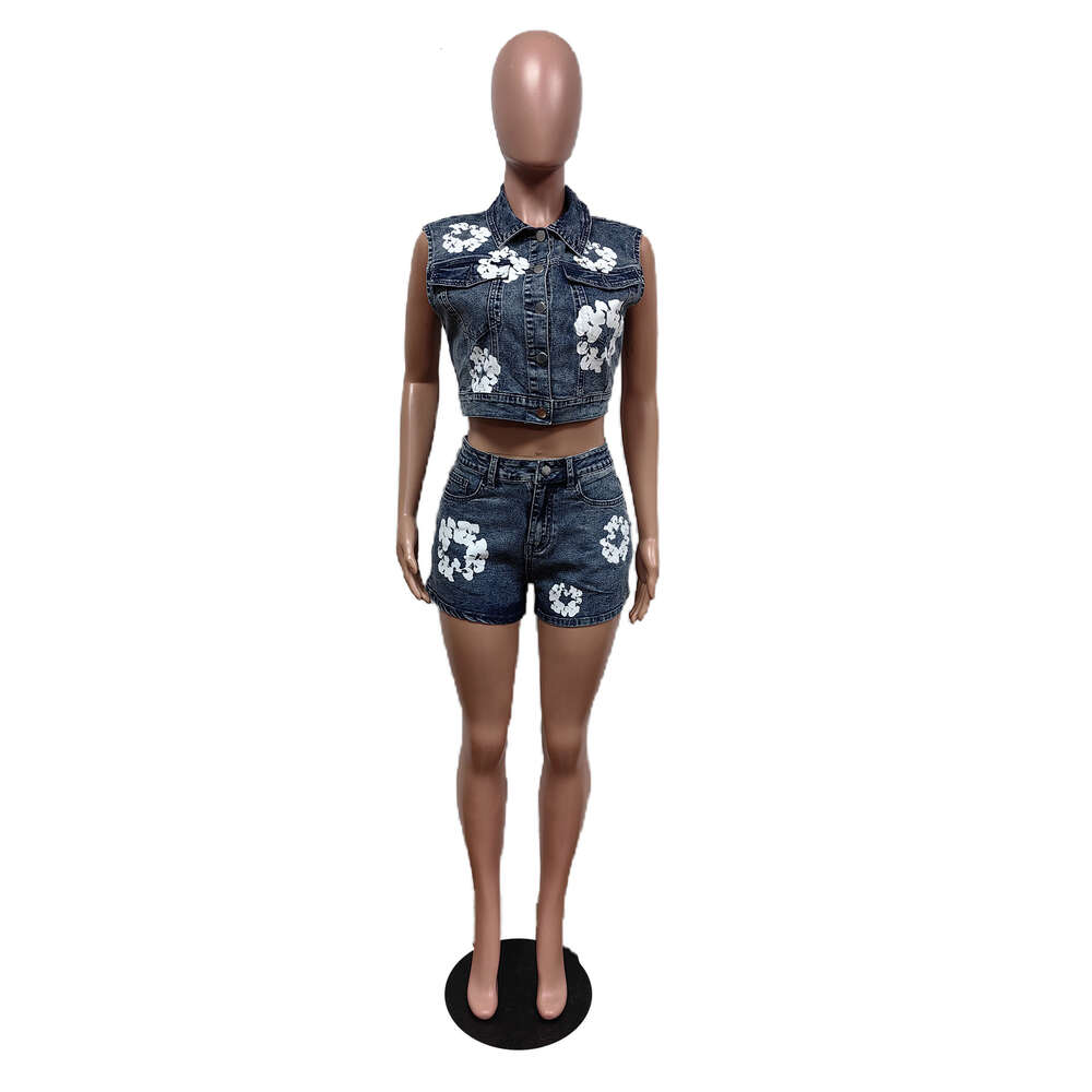 Tracksuit Women Jeans Two Piece Pants and Kirt Set Short Summer New Printed Denim Outfits Elastic Shorts bekvämt mode 2024 Stil