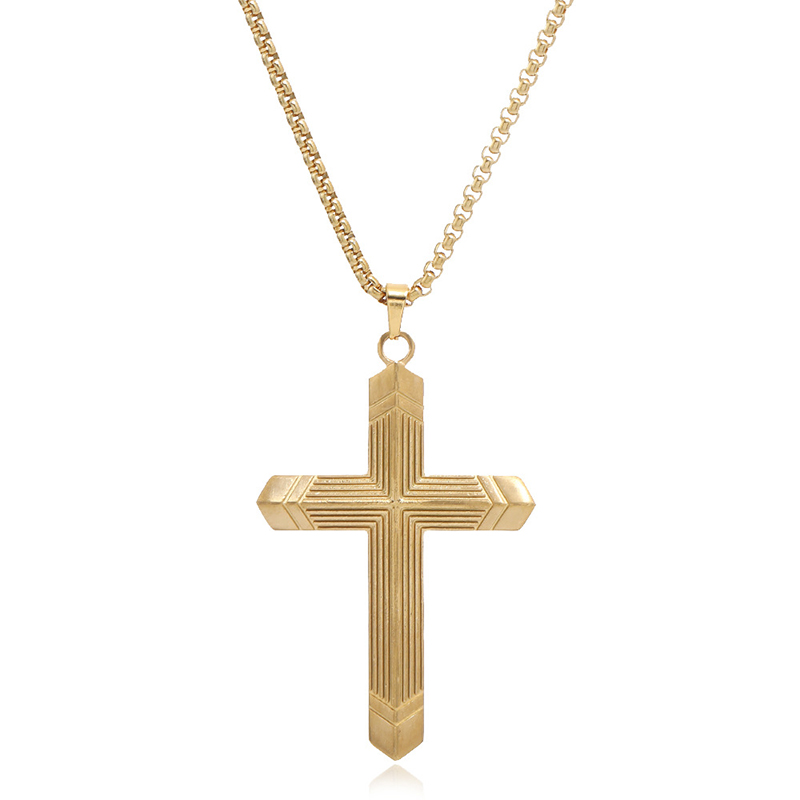 Vintage Stainless Steel Gold Plating Mens Three-dimensional Striped Cross Necklace