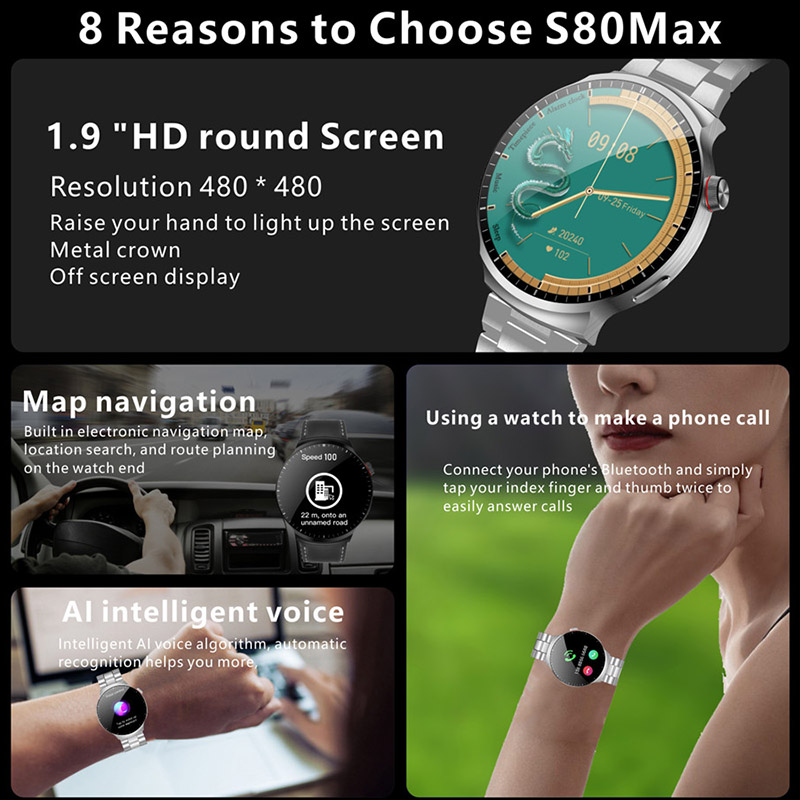 S80 Max Smart Watch Erkek Kadınlar 1.9 inç harita navigasyon GPS Tracker Bluetooth Çağrı Özel Dial Dial Sports Fitness Bilezik Bilek saat