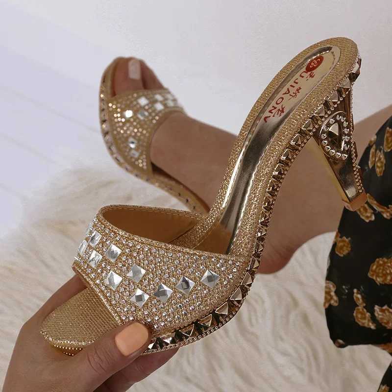 Dress Shoes Summer Women Sandals Rhinestone Sexy High Heels Sandalias Gold Silver Slippers hakken H240430