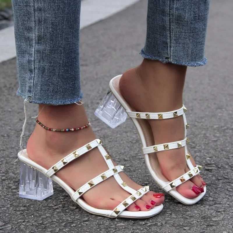 Dress Shoes Lady British Style White Studded High Heels Slides Front Open Toe with Sewing Wide Fit 32-45 Microfiber Leather H240325