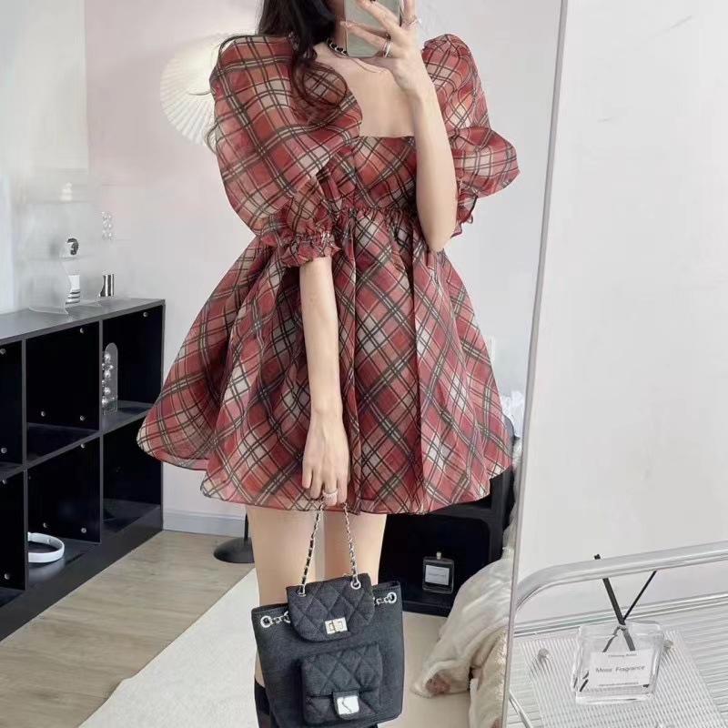Women's four red plaid dress with square neckline, bubble sleeves, waistband, and fluffy skirt