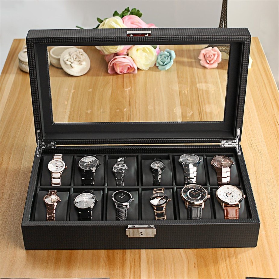 Карбоновая коробка для часов из искусственной кожи с 12 слотами, волокно, дизайн, держатель для хранения ювелирных изделий, черная большая коробка для часов saat kutusu1230K
