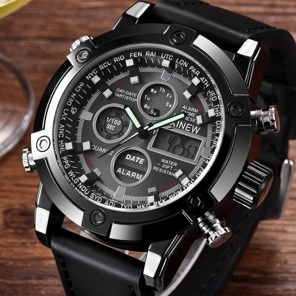 XINEW montre hommes de luxe double Movt hommes en cuir quartz analogique numérique LED Sport montre-bracelet étanche 3Bar horloge erkek kol saa255x