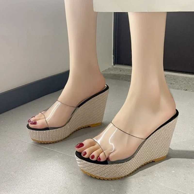 Slippers Femme Chaussures hautes talons transparents Low Plateforme sur un coin les glissades blocs Soft Casual Rome PVC Sandals H240504