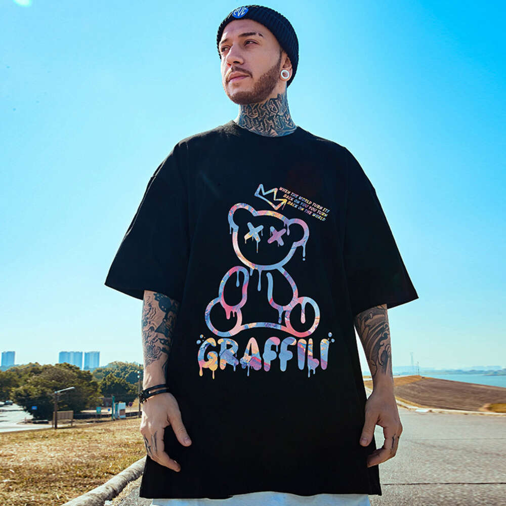 Camiseta masculina de urso de pelúcia hip-hop tendência de rua americana para Instagram curto oversized plus roupa de casal gordo meia manga