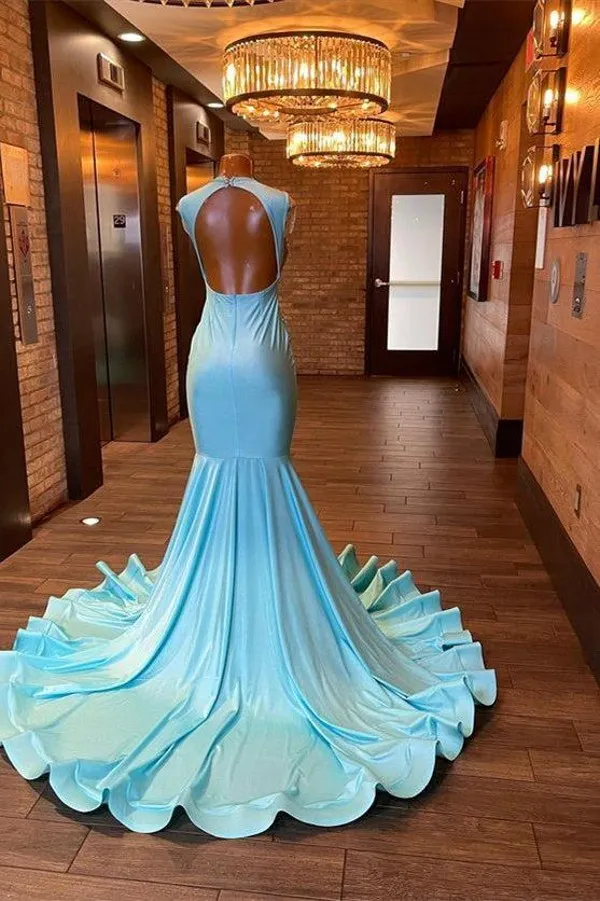 Light Blue Mermaid Prom Dresses 2024 Sheer Cap Sleeves Beaded Rhinestones Women Pageant Dresses Backless Long Party Evening Gowns BC16254 0229