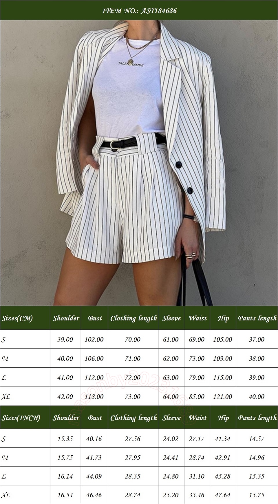 Stilvolles und elegantes Zweiteiler-Set für Damen mit gestreiftem Blazer und kurzen Hosen, ideal als Arbeitskleidung