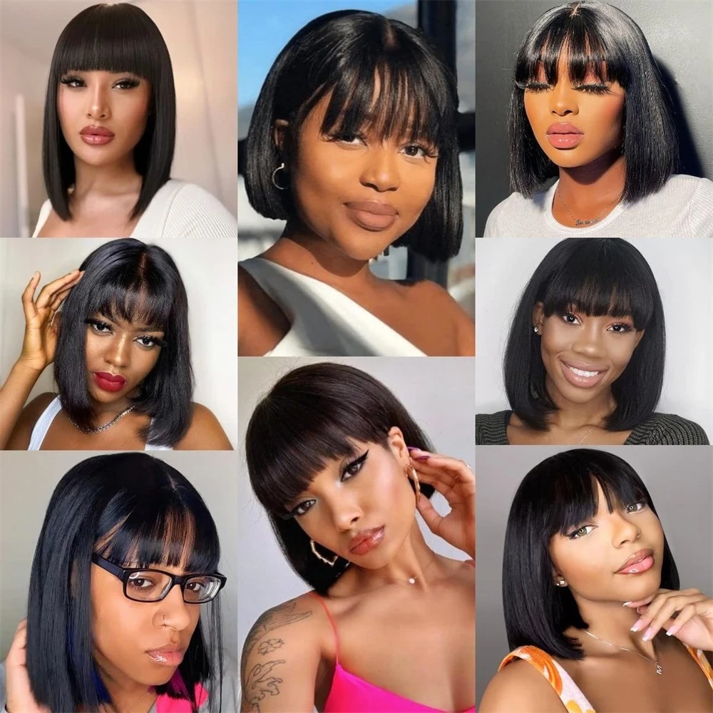 Natural Scalp Short Bob Lace Scalp Wig with Bangs Human Hair for Women Bone Straight Bob Wig with Bang Remy Hair 180 % Density