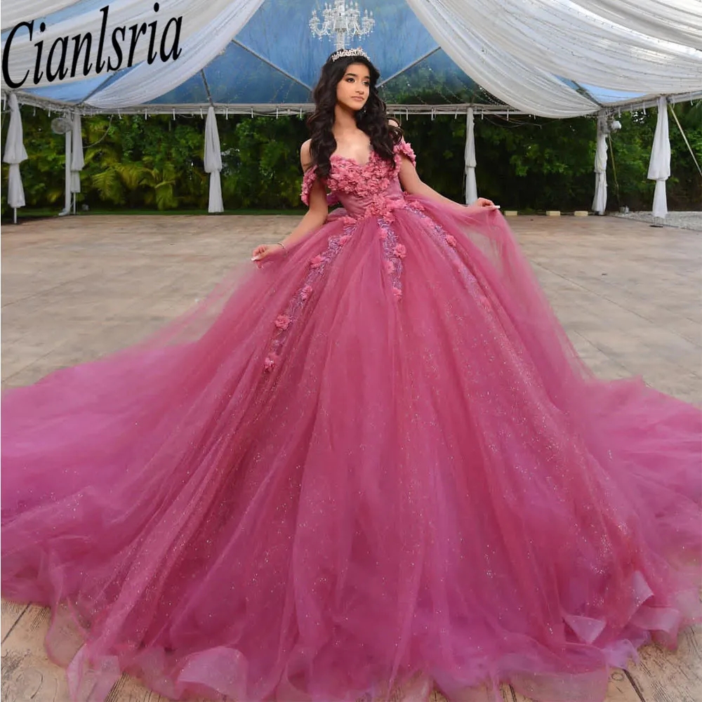 Ярко-розовые платья Quinceanera, мексиканские милые трапециевидные кружевные пышные бальные платья с открытыми плечами и аппликацией, роскошные платья Vestidos De XV Anos