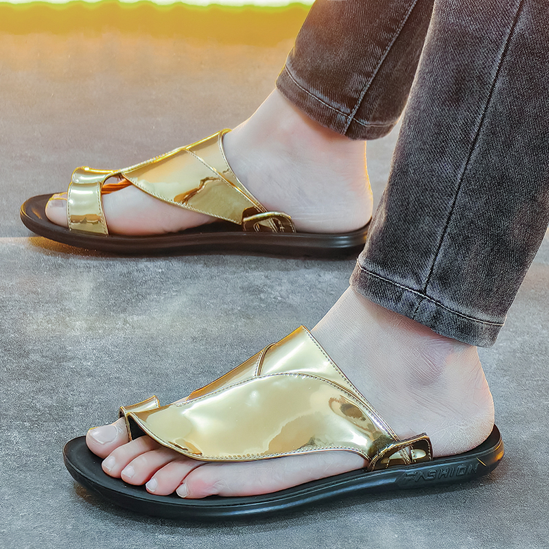 Yaz Erkek Gladyatörler Gold Pu Deri Sıradan Ayakkabı Nefes Alabilir Plaj Sandalet Açık Mekan Terlik Siyah Beyaz Plus Boyut