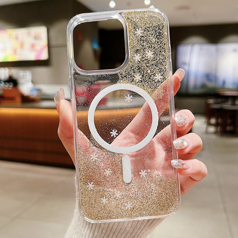 Bling Glitter Magnetic Wireless Facting for iPhone 15 Pro Max 14 Plus 13 12 Samsung S24 S23 Ultra Snowfliake Snow Snow Foil Hard Pc Cover TPU Magnet Phone