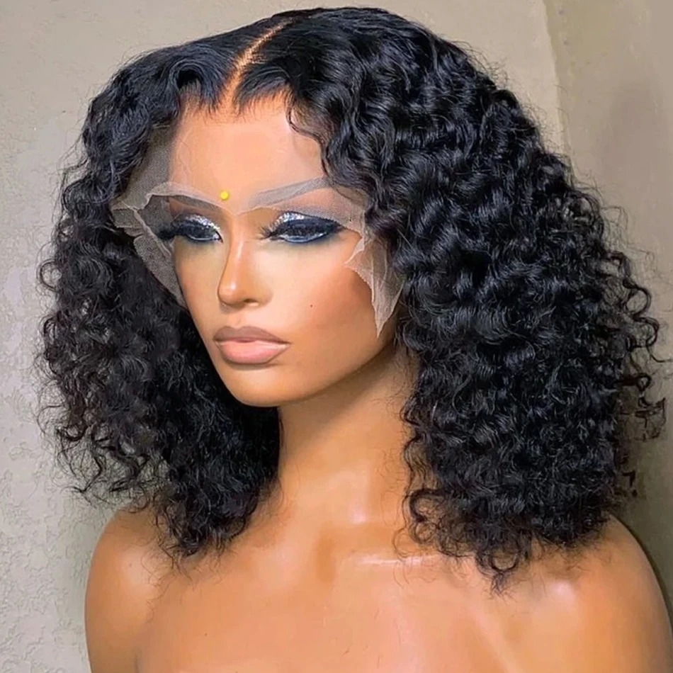 Perruque Lace Front Wig mongole naturelle ondulée 12A, cheveux courts, Deep Wave, 13x4 HD, 180% cheveux naturels, Lace Closure transparente HD