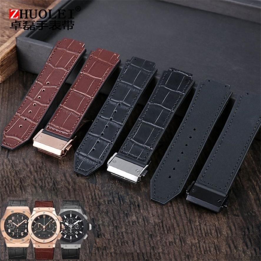 For Hublot strap BIG BANG Watchband stainless buckle tool Men real cow leather Rubber Watchband 26x19mm Brown Black 220622257P