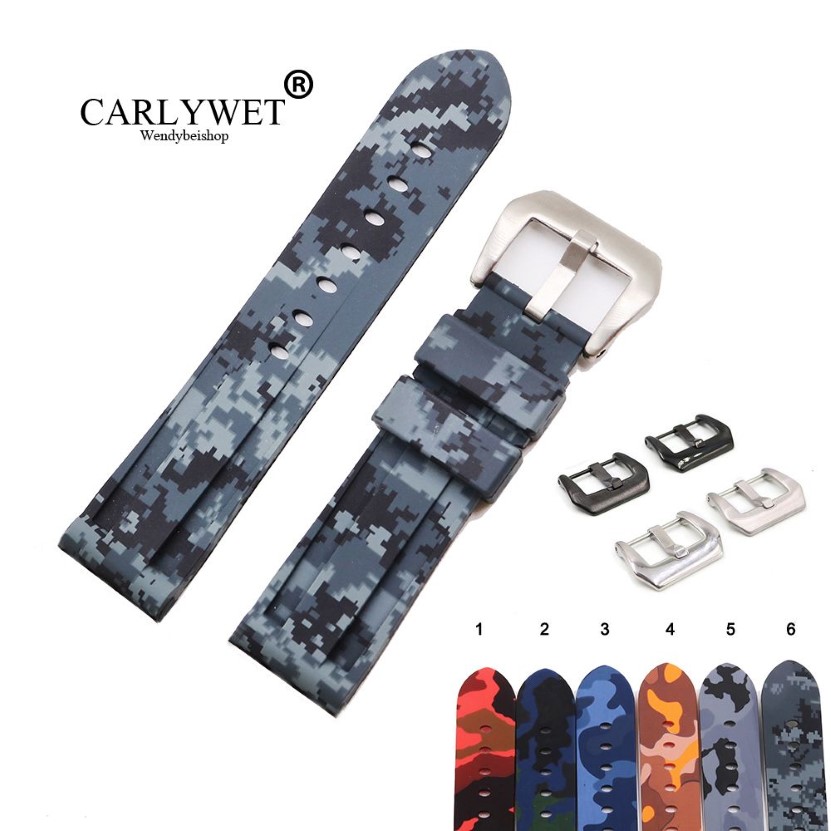 CARLYWET 24mm Hoge kwaliteit Camo Kleur Waterdichte Siliconen Rubber Vervanging Horlogeband Strap Band Loops252J