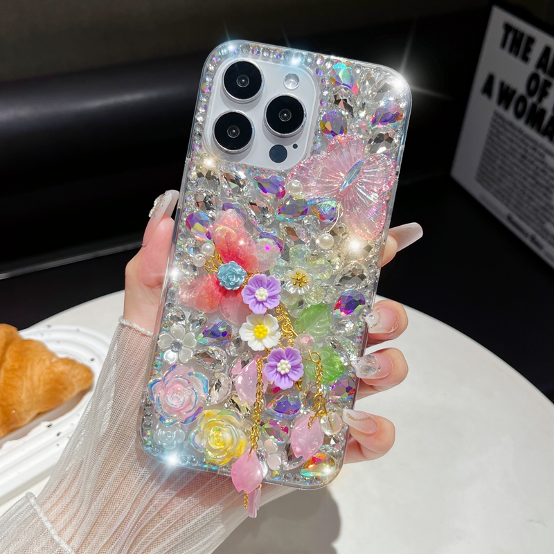 iPhone 15のブリング3Dフラワーバタフライケースプラス14 Pro Max 13 12 11 XR XS X 8 7 6 Luxury Rhinestone Hard PC TPU Shinny Diamond Crystal Girls Cover Beads Corssybody Strap