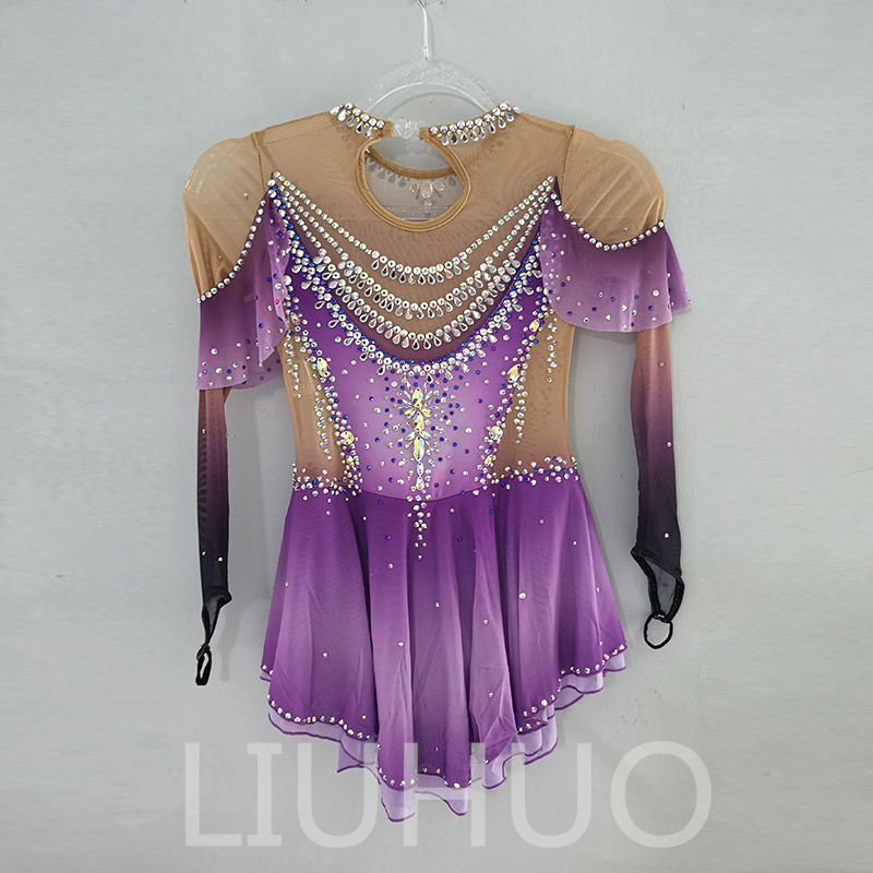 LIUHUO Customize Colors Figure Skating Dress Girls Teens Ice Skating Dance Skirt Quality Crystals Stretchy Spandex Dancewear Ballet Purple Gradient BD1848