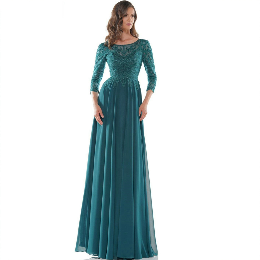 2024 Hunter Green Moeder van de bruid jurken Illusie Formele jurken voor vrouwen Jewel 3/4 mouwen kralen Lace Groom's Moedermidtje voor bruiloft huwelijk AMM166