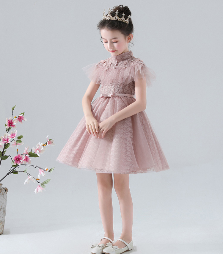 Lovely Dusty Pink Lace/Tulle High Collar Short Flower Girl Dresses Girl's Pageant Dresses Girls Birthday/Party Skirt Girl Everyday dress Custom SZ 2-12 D321072