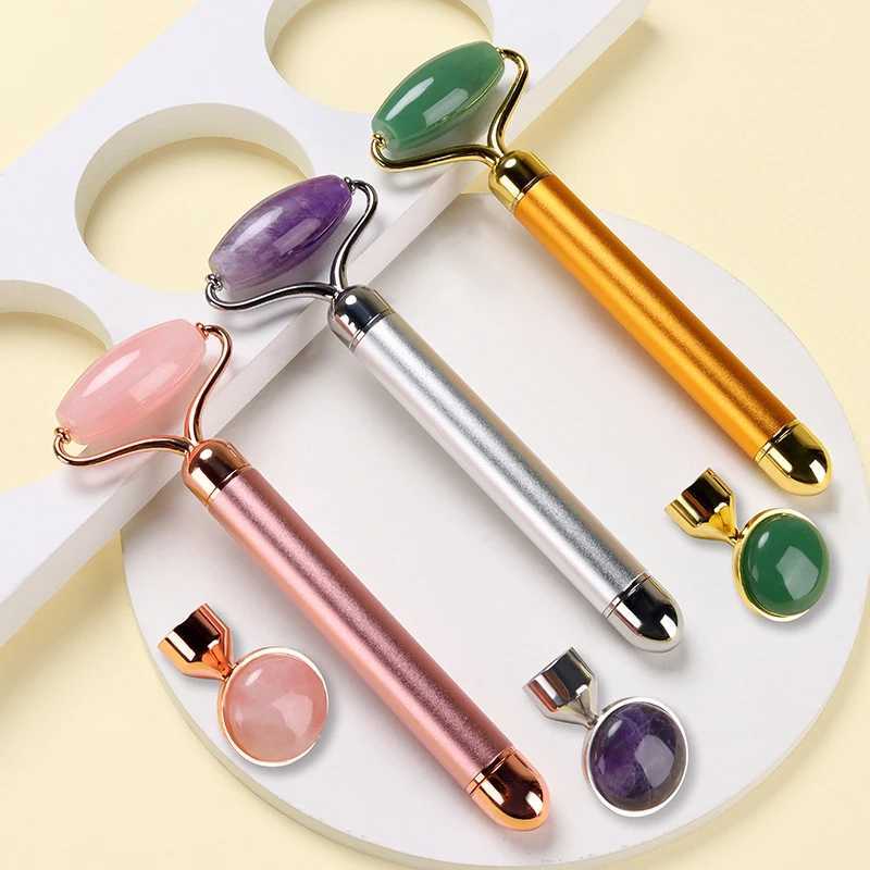 Face Massager 2-in-1 Electric Vibration Natural Rose Quartz Jade Roller Facial Lift Crystal Jade Facial Roller Beauty Massage Tool 240321