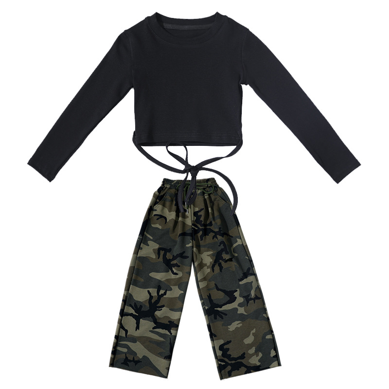 2024 Lente Tieners gat camouflage broek grote meisjes trekkoord taille losse cargo broek oude kinderen lace-up lange mouwen T-shirts Z7268