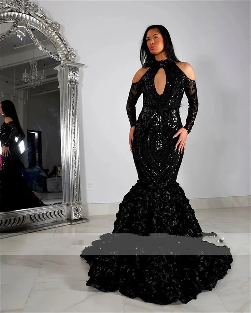 Sexy High Neck Long Prom Dresses For Black Girls 2023 Sparkly Sequined Birthday Party Dresses Mermaid Ruffles Evening Gown