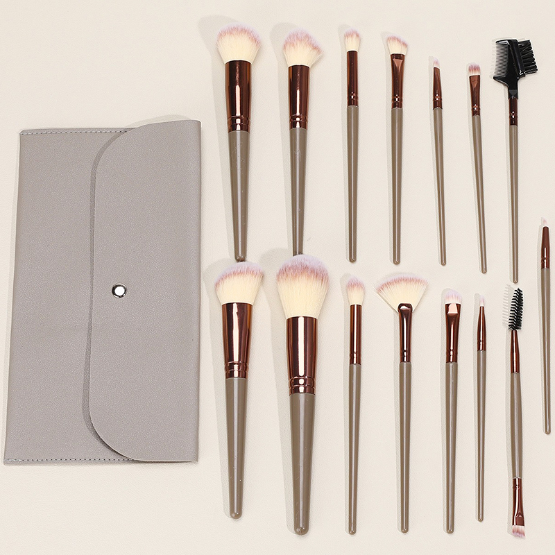 Nouvel ensemble de pinceaux de maquillage sablier de 15 pièces, fond de teint en nylon et laine douce, fard à joues, fard à paupières, pli, correcteur, eye-liner, outil de maquillage à manche en métal bronze foncé