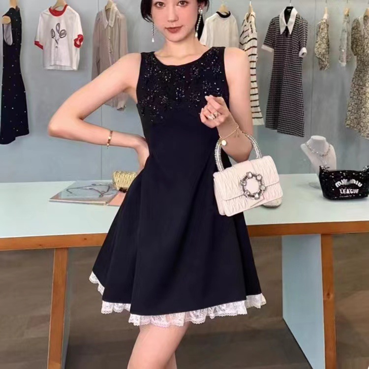 French Heavy Industry Drip Diamond Decorative Vest Dress Women's Lace Short Skirt