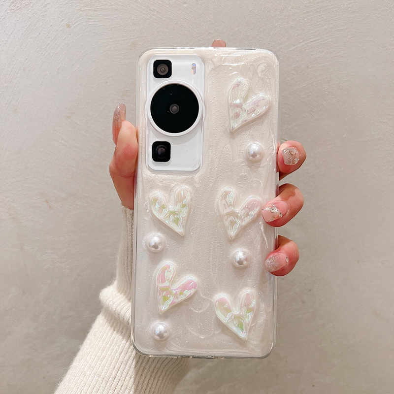 S24 3D Love Heart Cases pour iPhone 15 Pro Max 14 Plus 13 12 Samsung S23 FE Ultra Huawei P60 P50 Mate 60 50 Perles Feuille Mode Dur PC Plastique Acrylique TPU Couverture de téléphone portable