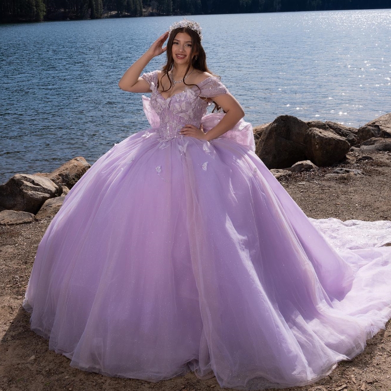 Robe De Quinceanera à épaules dénudées, lavande, lilas, brillante, robe De bal, nœud, perles De cristal, tulle, doux 16, 15 ans