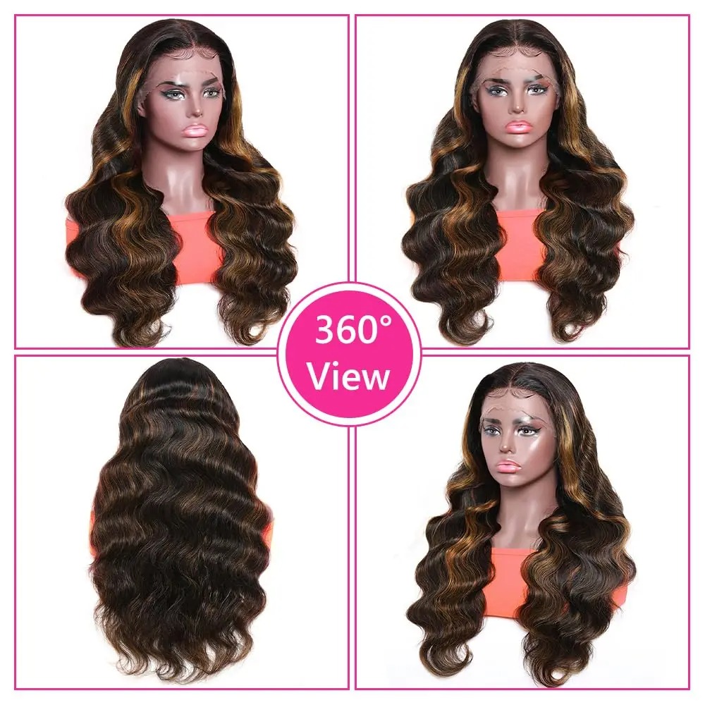 Perruque Lace Frontal Wig naturelle Body Wave ombrée 1B/30, à reflets ombré, 13x4 HD, densité 180%, pour femmes